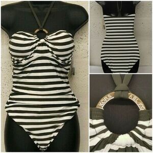 Michael Kors LOGO Tie-Front halter green striped women's One-Piece Swimsuit sz 6